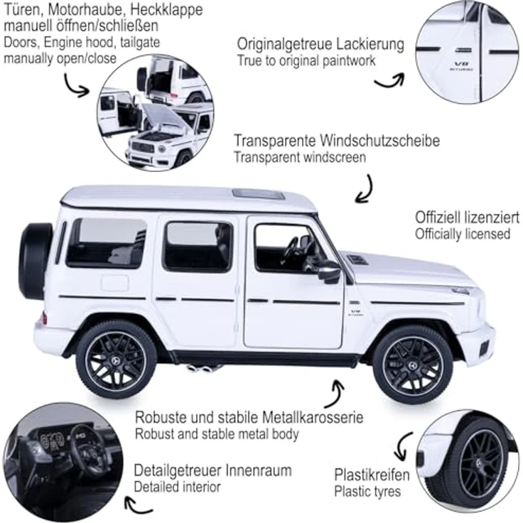 JAMARA Mercedes-AMG G 63 Diecast 1:24, Modellauto aus Metall in Weiß mit beweglichen Teilen und detailgetreuem Innenraum – Bild 4