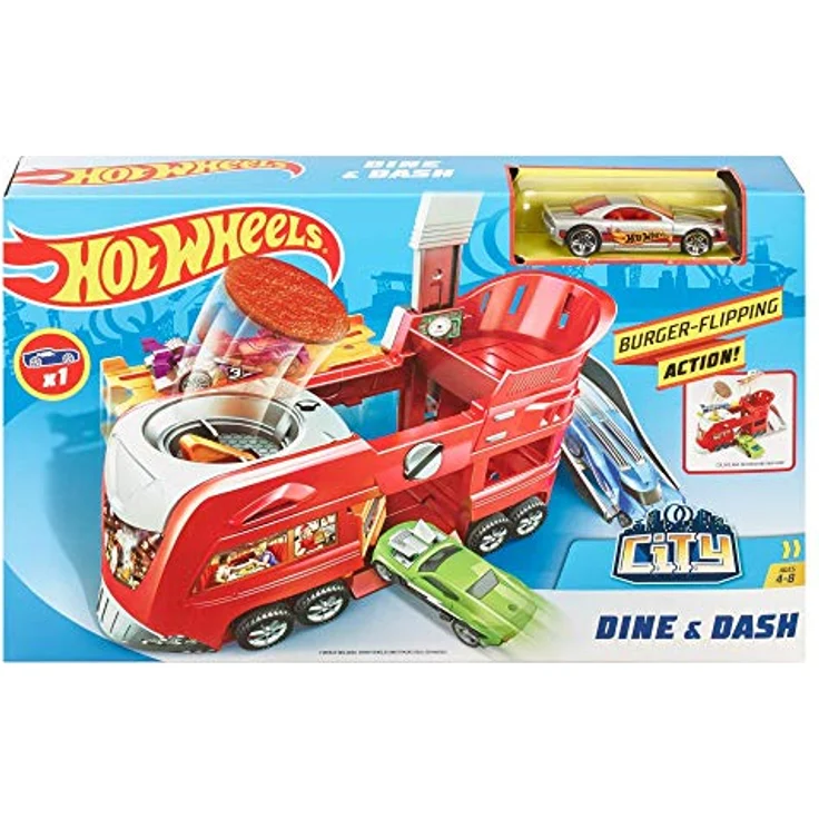 Hot Wheels Dine & Dash Playset, ausklappbares Rennbahn-Spielset mit Autowäsche, Garage und Spukhaus – Bild 5