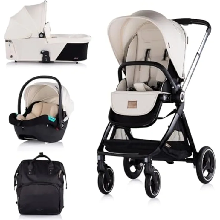 Chipolino Kinderwagen Elite 3 in 1 i-Size Babyschale Sportsitz Babywanne Tasche, schwarz beige, klappbar, mit i-Size Autositz, Aluminiumrahmen, verstellbare Rückenlehne