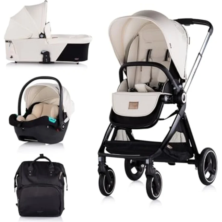 Chipolino Kinderwagen Elite 3 in 1 i-Size Babyschale Sportsitz Babywanne Tasche, schwarz beige, klappbar, mit i-Size Autositz, Aluminiumrahmen, verstellbare Rückenlehne – Bild 1