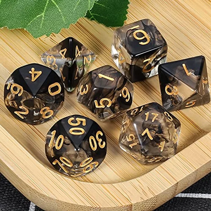 QMAY DND Würfel Set, 7 polyedrische Spielwürfel für Dungeons & Dragons, schwarz mit schwimmender Seide transparent, inkl. Samtbeutel – Bild 5