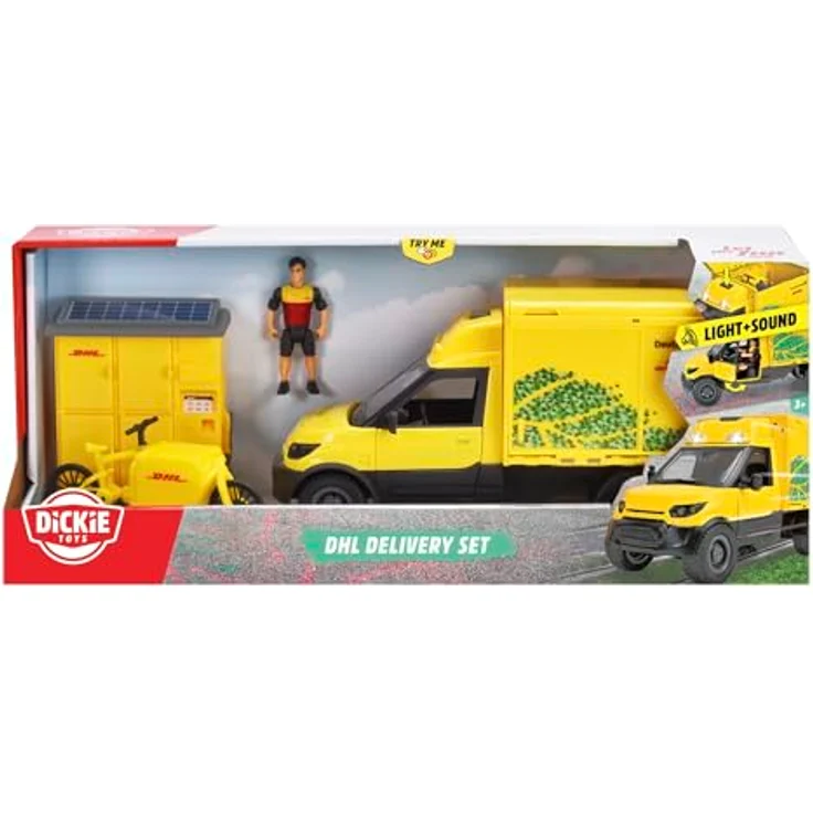 Dickie Toys DHL Delivery Set, Spielzeugauto mit Licht und Sound, inkl. Postbote, Fahrrad und Packstation, 25 cm – Bild 7