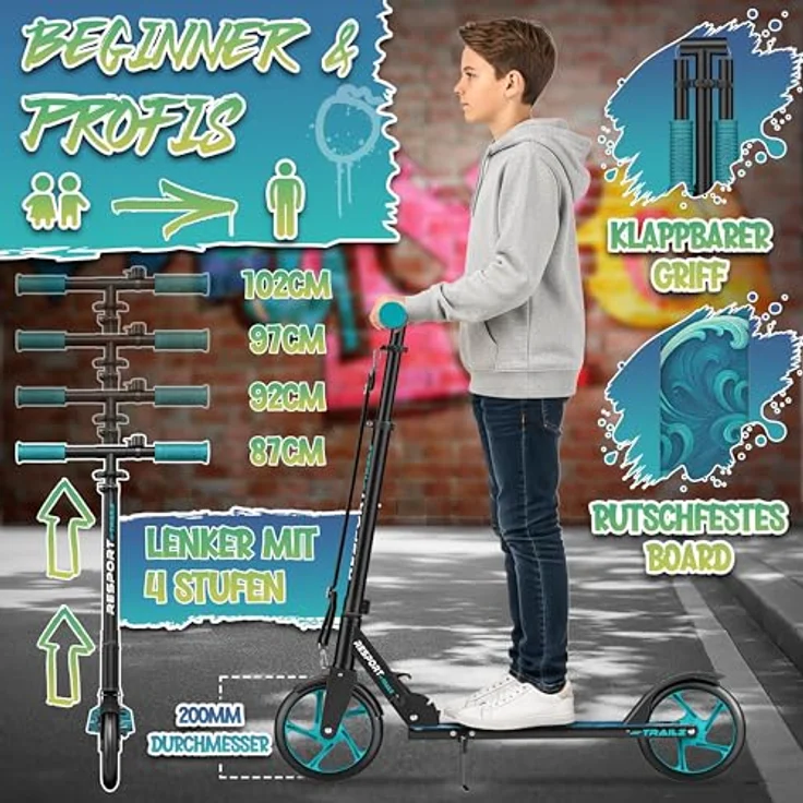 RE:SPORT Cityroller RE:SPORT® Trailz, höhenverstellbarer & klappbarer Scooter mit 200mm Rädern, LED, Klingel und Tragegurt, belastbar bis 100 kg – Bild 3