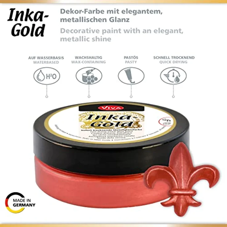 Viva Decor Inka Gold 62,5g (Lava Rot) - Schnell trocknende, wachshaltige Metallic Polierpaste für Holz, Ton & Terracotta, Hochglanz-Effekte und Used-Patina-Effekte – Bild 4