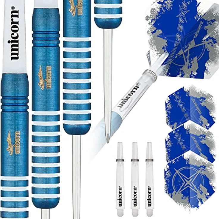 Unicorn Steel Tip Darts Silver Star Gary Anderson 23g Blue Steel Tip Darts - Empfohlen von Weltmeister Gary Anderson, Titanbeschichtung in elektrischem Blau, 80% Wolfram-Barrels – Bild 1
