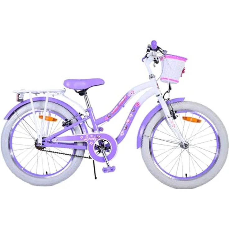 Volare Lovely 20 Zoll Kinderfahrrad, Lila, 1 Gang, mit Korb, Seitenständer und höhenverstellbarem Sattel