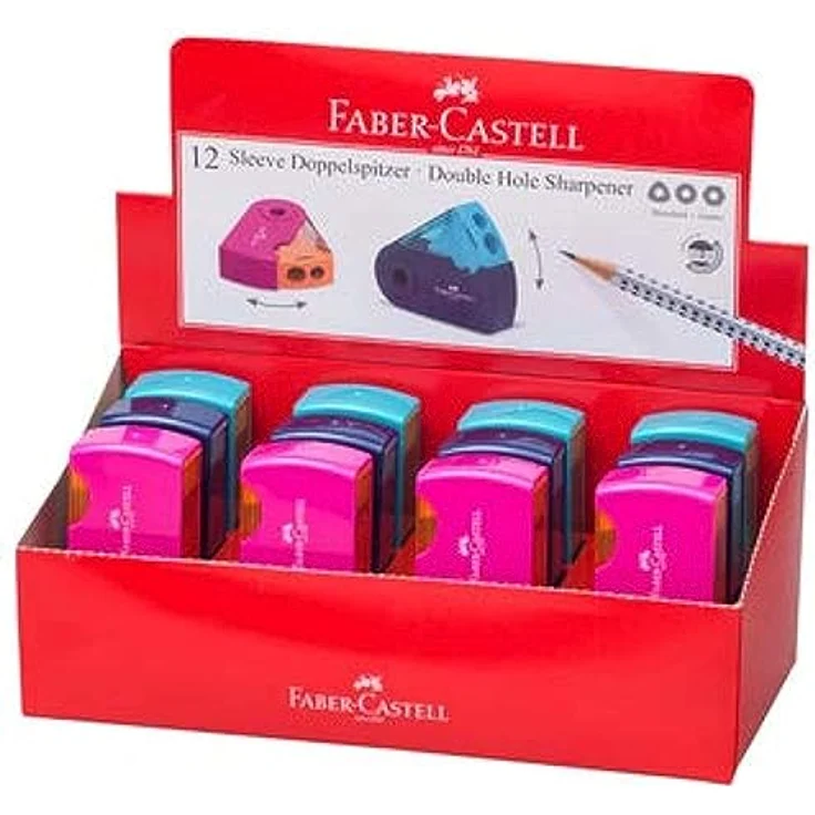 Faber-Castell Doppelspitzdose Sleeve, ergonomischer Anspitzer mit Spänebehälter für Blei- und Farbstifte, sortierte Farben, Vierkantbehälter – Bild 1