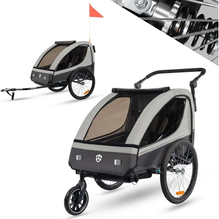 TIGGO Fahrradkinderanhänger Fahrradanhänger Kinderfahrradanhänger mit Buggy Set + Federung, geeignet für 1-2 Kinder, in Rot, Grün, Blau oder Grau - Preisvergleich