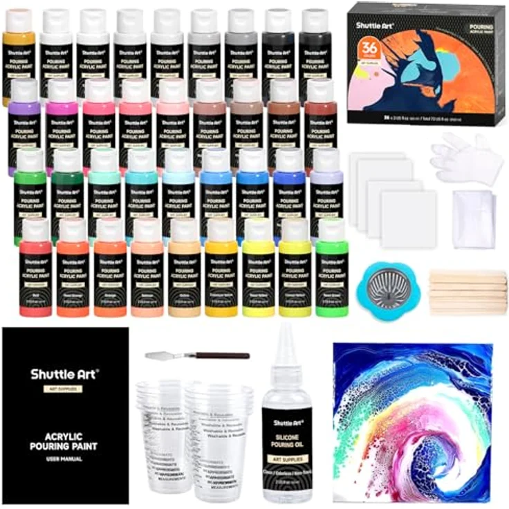 Shuttle Art Pouring Acrylfarben Set, 36 Flaschen (je 60 ml) mit Silikonöl, 4 Leinwänden, Messbechern und Zubehör, vorgemischte Farben für Stein, Holz, Papier – Bild 1