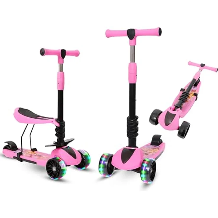 Habib Gruppe 3-in-1 Kinderroller mit Sitz, Dreirad Tretroller, Faltbar, Höhenverstellbar, LED Räder, Pink, für Kinder ab 3 Jahren (bis 50kg) – Bild 1