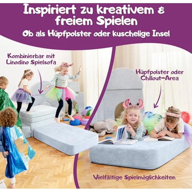 Hüpfpolster Einhornblau mit Federkern, rutschfester Unterseite, Tragegriff und abnehmbarem, waschbarem Cord-Bezug – Bild 5