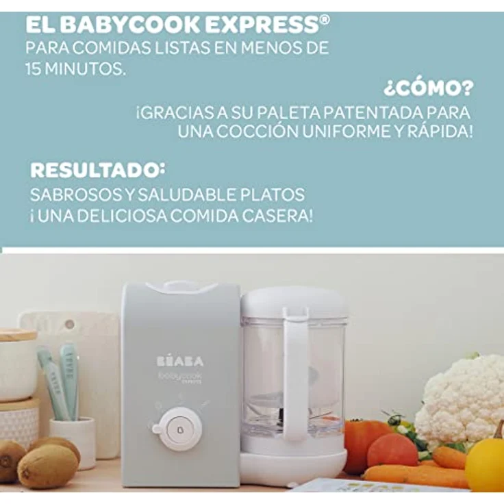 BEABA, Babycook Express, 4 in 1 Babynahrungszubereiter, schnelles Kochen: weniger als 15 Min, Mixen, schonendes und gesundes Dampfgaren, Auftauen, Aufwärmen, Kapazität 1250 ml, Samtgrau – Bild 4
