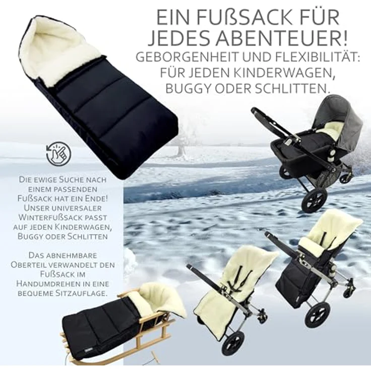 BAMBINIWELT Fußsack LAMMWOLLE Winterfußsack Kinderwagen Buggy Babyschale Babyfußsack waschbar 108cm LINIERT (schwarz) – Bild 3