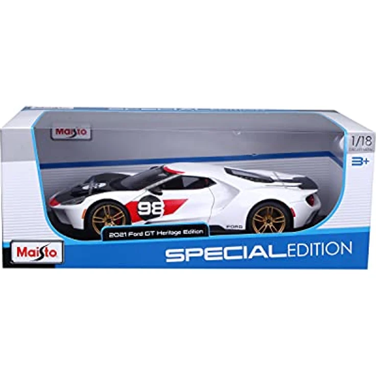 Maisto Ford GT Heritage (2021): Modellauto im Maßstab 1:18, Türen, Kofferraum und Motorhaube beweglich, 25 cm, weiß-schwarz (531390) – Bild 4