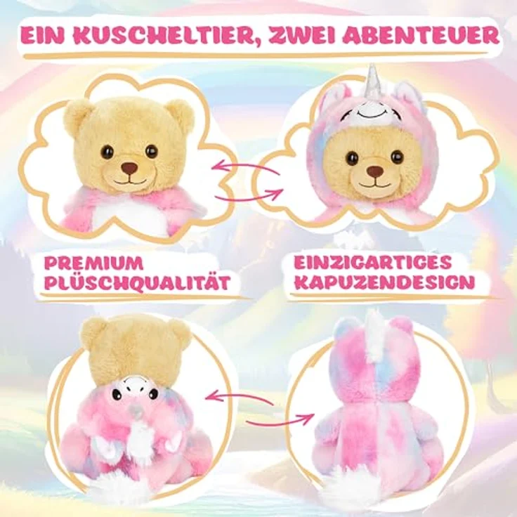 BRUBIES Teddy Einhorn - 25 cm Kuscheltier im Einhornkostüm mit abnehmbarer Kapuze - Weiches Plüschtier für kuschelige Abenteuer – Bild 3