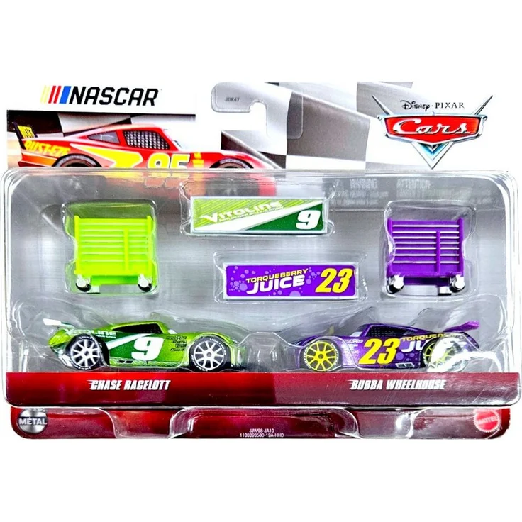 Disney Cars Chase Racelott & Bubba Wheelhouse, Die-Cast Spielzeug-Rennwagen im Maßstab 1:55, grün und blau