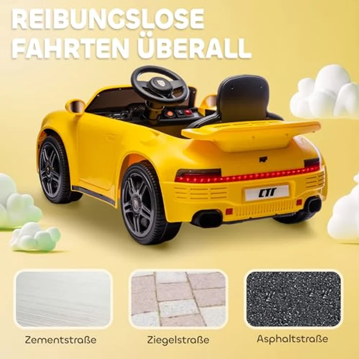AIYAPLAY 12V Kinder Elektroauto RUF CTR "Yellowbird", mit 2,4 GHz Fernbedienung, 2 Motoren, Softstart, MP3-Player und LED-Leuchten, für 3-6 Jahre, Gelb – Bild 5