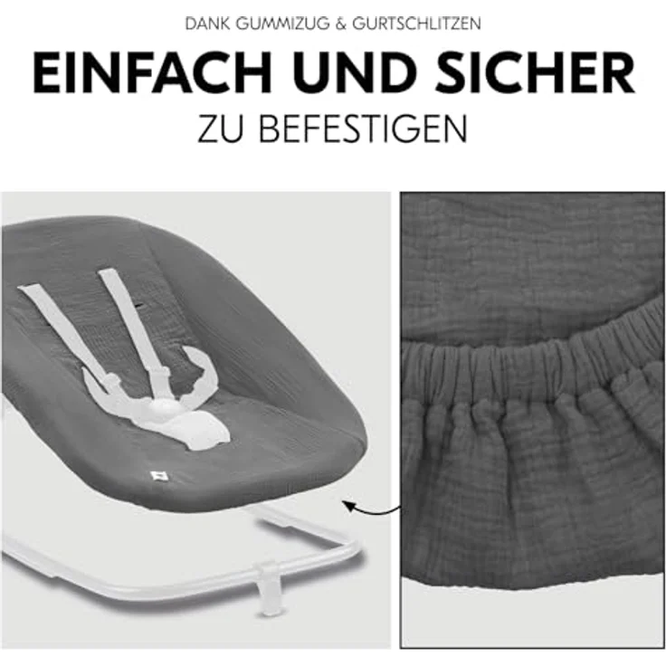 hauck Schonbezug für Babywippe Highchair Bouncer (Eco), Baumwolle mit Gummizug und Gurtschlitze für 5-Punkt-Gurt, waschbar bei 60°C, Dunkelgrau – Bild 5