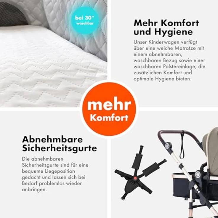 Daliya® NEOMOVE 2in1 Kombikinderwagen, Babywanne & Sportsitz in Gold und Beige, leichter Aluminium-Rahmen, faltbar, für Stadt und Gelände, mit großem Einkaufskorb – Bild 5
