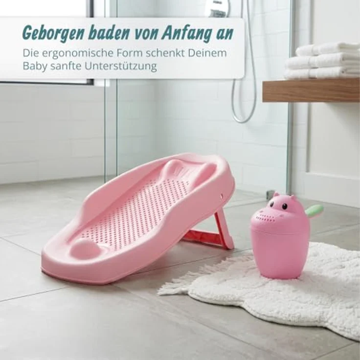 Relaxdays Baby-Badehilfe Set, tränenfreies Haarewaschen mit rutschfester Badestütze, rosa – Bild 2