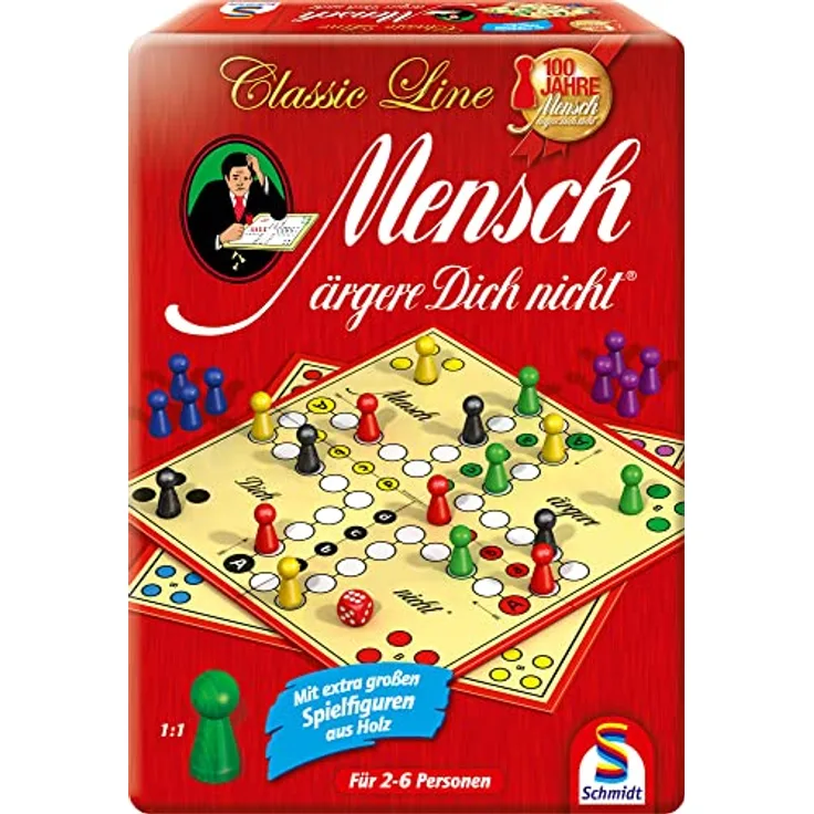 Schmidt Spiele 49439 Mensch ärgere Dich Nicht, Classic Line in Metalldose mit extra großen Holz-Spielfiguren, Rot, für 2-6 Spieler, ab 6 Jahren