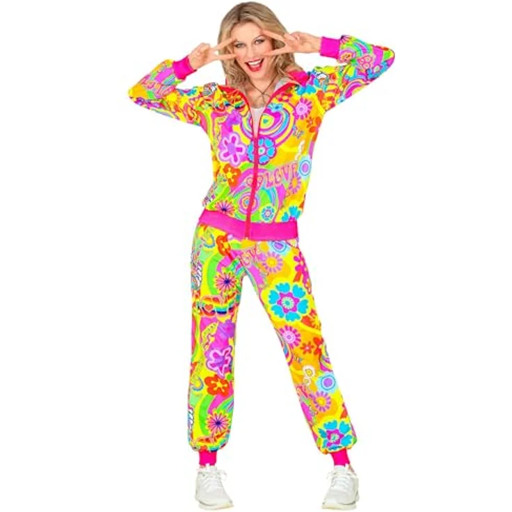 W WIDMANN MILANO Party Fashion - Kostüm Trainingsanzug Peace & Love Hippie Neon 80er Jahre Outfit, Größe S – Bild 3