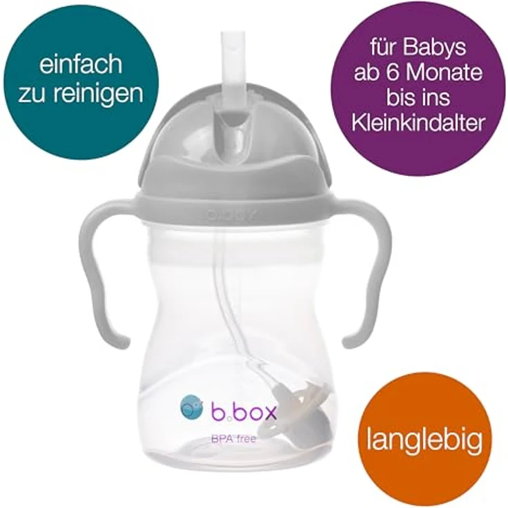 b.box Trinklernbecher, Auslaufsicherer Flip-Top-Becher mit schwerem Strohhalm und Griff, BPA-frei, spülmaschinenfest, grau, 240 ml, ab 6 Monaten – Bild 2