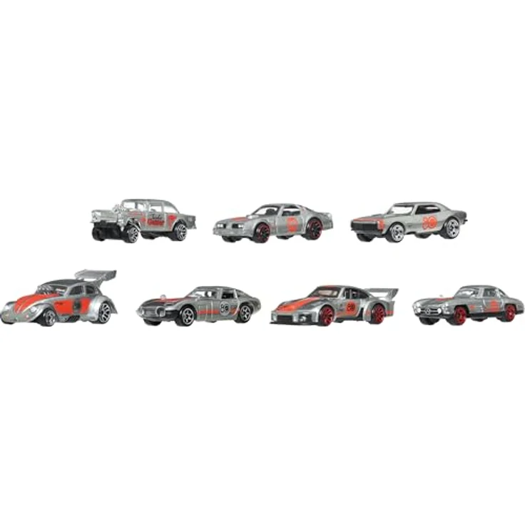 Hot Wheels Silber-Serie, 80. Jubiläum Spielzeug-Auto Set (7-tlg), Maßstab 1:64, ZAMAC-Lackierung mit roten Details – Bild 2
