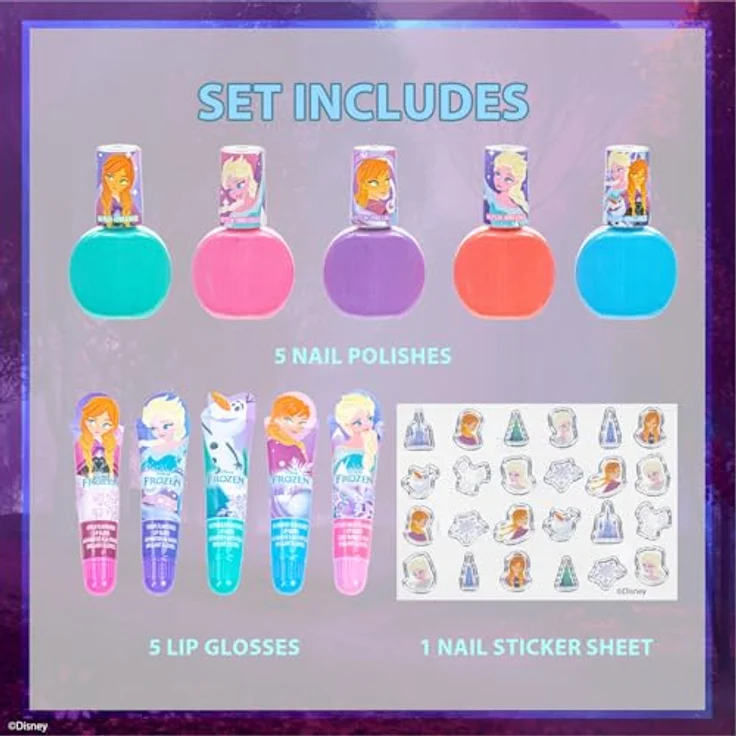 Townley Girl Disney Frozen 2 Make-up-Set für Kinder, inkl. Lipgloss, Nagellack und Nagelaufkleber, wasserbasierte und ungiftige Kosmetik für Mädchen ab 3 Jahren – Bild 2