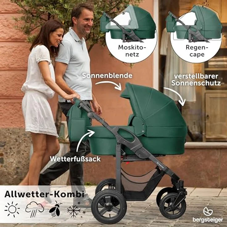 Bergsteiger Capri Kombikinderwagen 3-in-1, Babywanne, Sportsitz & i-Size Babyschale, Luftreifen, Federung, höhenverstellbarer Griff, faltbar, Zubehör – Bild 5