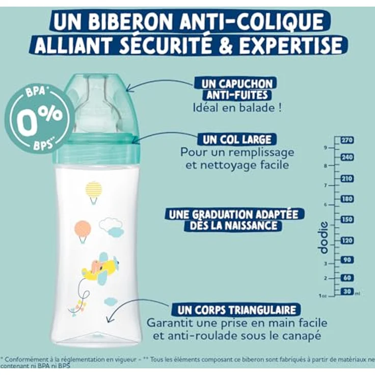 DODIE Set für Neugeborene, 6 Fläschchen gegen Koliken (2 x 150 ml; 2 x 270 ml; 2 x 330 ml), inkl. anatomischem Schnuller und Flaschenbürste – BPA-frei – Grün – Bild 4