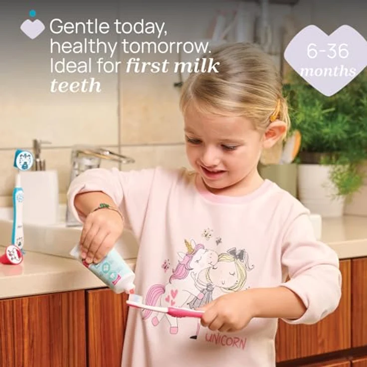 Chicco Erste Zahnbürste für Kinder, Ergonomischer rutschfester Griff, Zungenreiniger, Schutzkappe und Saugnapf, für 3-6 Jahre, Mundhygiene – Bild 2