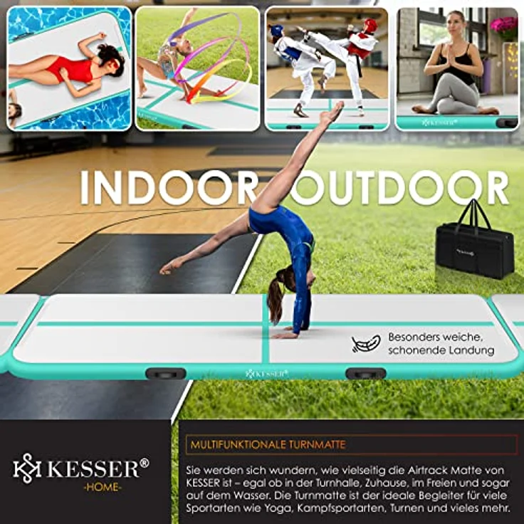 KESSER® Turnmatte Aufblasbar Airtrack Fitness-Matte Gymnastikmatte 3/4/5/6m | inkl. Tragetasche & elektr. Luftpumpe | Yogamatte, Tumbling Matten , Trainingsmatte Sportmatte Yoga, Turn- & Fitness 400 x 100 x 10 cm, Mint Grün – Bild 7