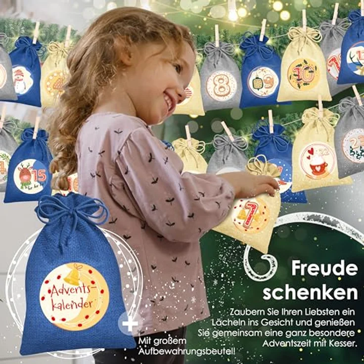 KESSER® Adventskalender zum Befüllen 24 Jutebeutel 16 x 12 cm Gedruckte Stoffbeutel Kinder Weihnachtskalender zum Selber Befüllen Inkl.. 24x Schildchen + 1 Großer Aufbewahrungsbeutel Stoff – Bild 3