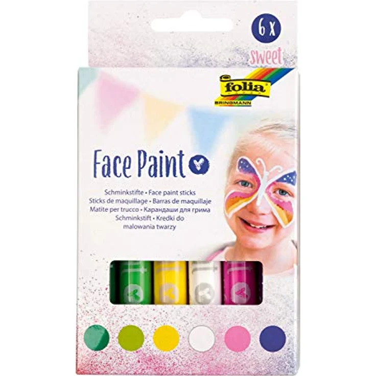 folia 380601 - Face Paint Schminkstifte Sweet, 6 farbig sortierte Stifte für Kinder, dermatologisch getestet, wischfest, mit Wasser und Seife abwaschbar, Ideal für Karneval, Fasching und Theater, 6 Stifte in dunkelgrün, hellgrün, gelb, weiß, pink und lila