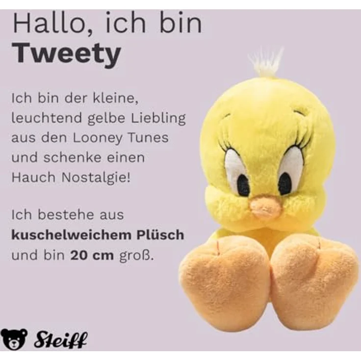 Steiff Kuscheltier Tweety, Plüschtier 20 cm, gelb, handgefertigt, waschbar bei 30 °C, ideal für Kinder – Bild 2