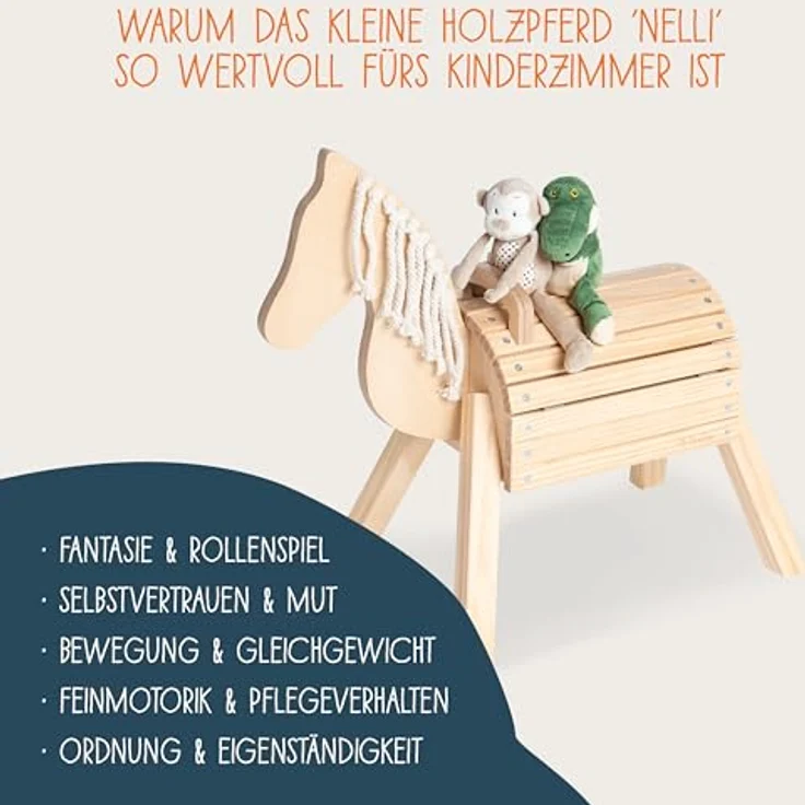 PINOLINO Holzpferd Nelli, Spielpferd aus klar lackiertem Birken- und Fichtenholz, mit Stauraum und Baumwollmähne, 70x33x55 cm, für Kinder ab 2 Jahren, bis 40 kg – Bild 5
