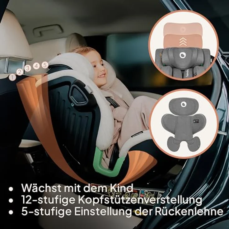 lionelo Autokindersitz HARMONY I-SIZE, von Geburt bis 12 Jahre, 0,00-36,00 kg, (Set), Basis 360'/ISOFIX/i-SIze/Gürtelalarm, Bambusstoff, viele Annehmlichkeiten – Bild 8
