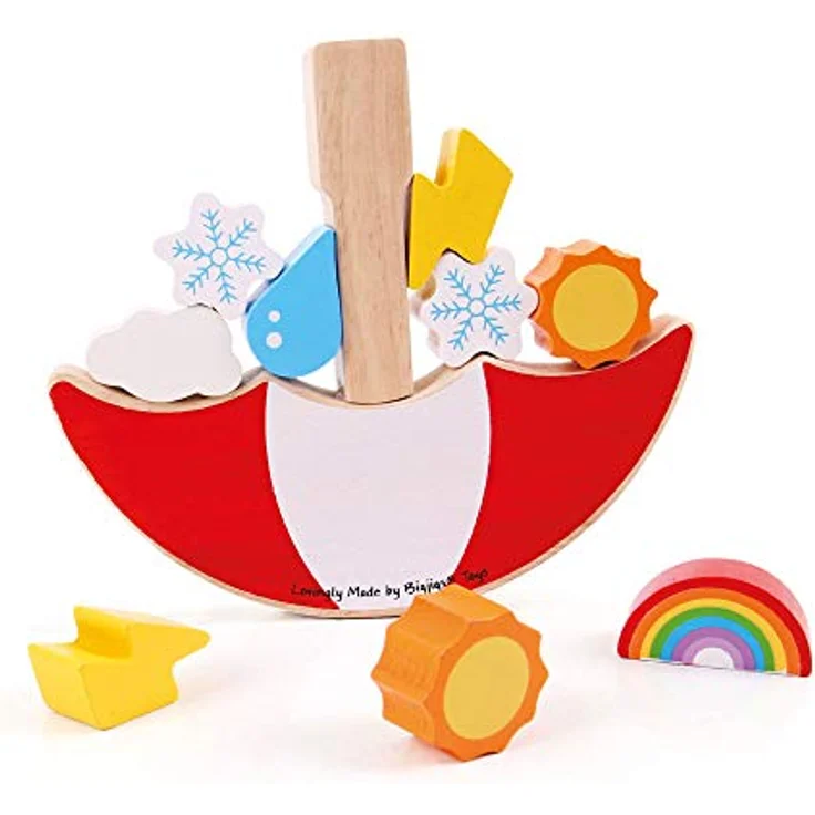 Bigjigs Toys Gleichgewichtsspiel Wetter, Holzspielzeug mit Schirm-Design und Wetter-Themenfiguren – Bild 7