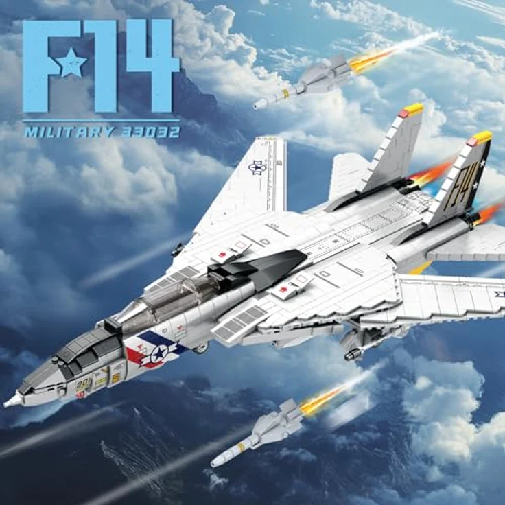 Reobrix F-14 Fighter Bauspielzeug-Set, Militär-Tomcat Kampfflugzeug Modell mit 1600 Bausteinen, interaktivem Riemenscheiben-Design, für Erwachsene und Sammler, ab 14 Jahren – Bild 2