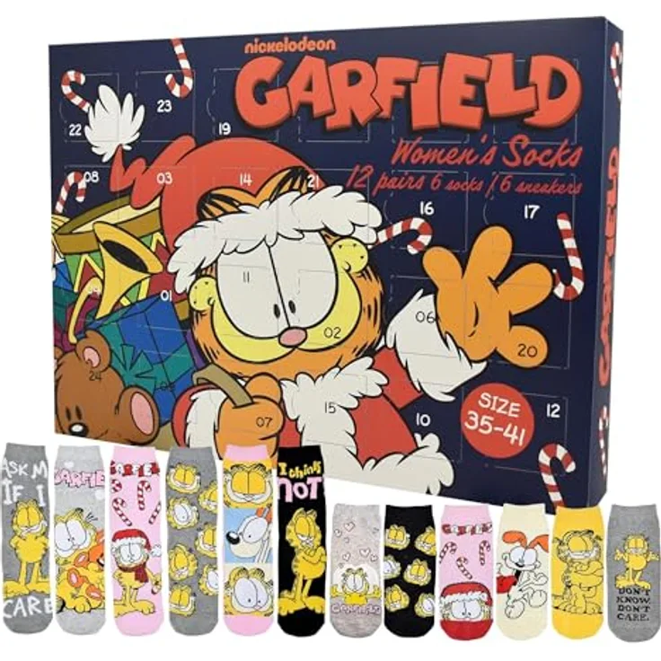 United Labels Garfield Adventskalender, 12 Paar Socken für Damen, Größe 35-41, mit Sneakern und langen Socken, Weihnachtskalender Geschenk