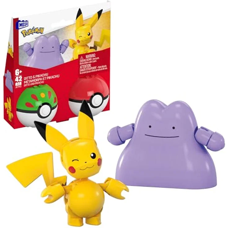 MEGA Pokémon 2er Pokéball Set - Pikachu und Ditto, Bauspielzeug ab 7 Jahren, offizielles Lizenzprodukt, kompatibel mit allen Pokémon-Bausets, gelb und rosa – Bild 1