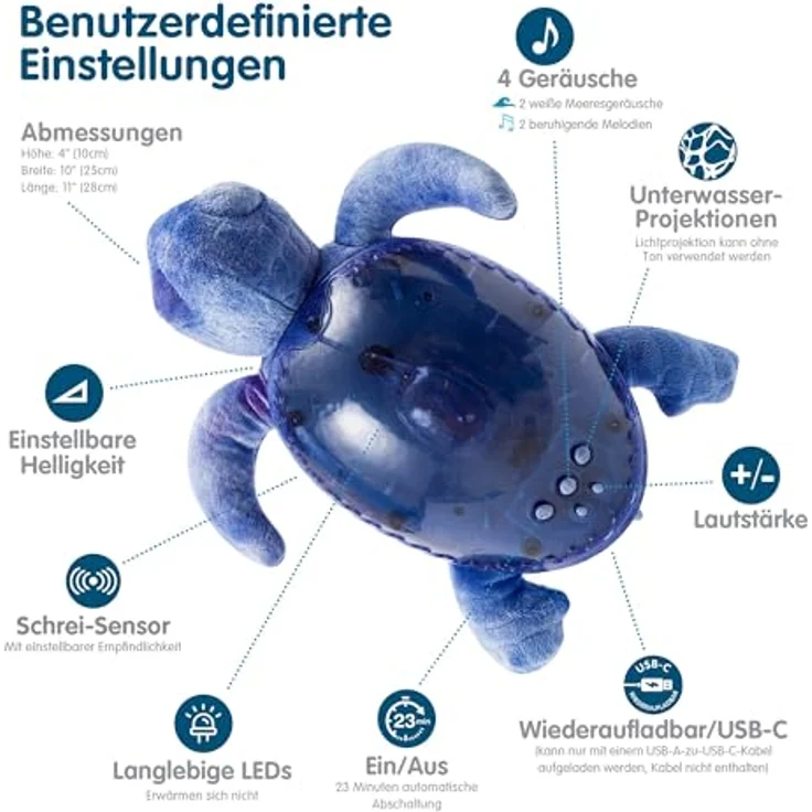 Cloud b Tranquil Turtle™ wiederaufladbares Ocean Musik-Nachtlicht | Unterwasserprojektionen | 4 beruhigende Geräusche | Helligkeit einstellbar | Timer | Tränenmelder | recycelter Stoff – Bild 3