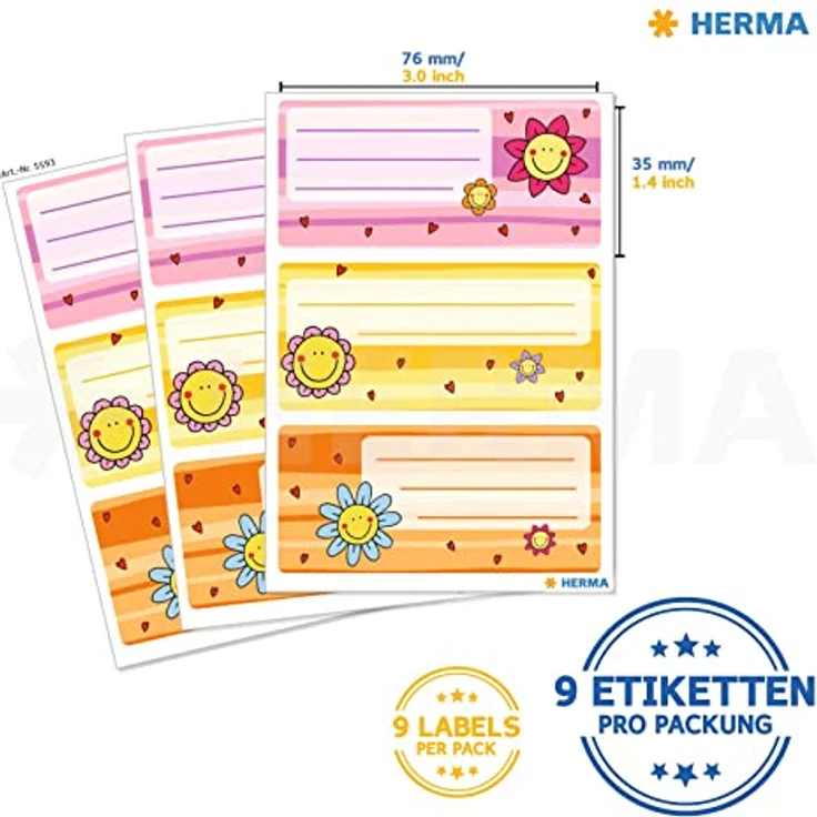 HERMA Schuletiketten 5593, selbstklebende Blume Etiketten, 9 Stück, mehrfarbig, rechteckig – Bild 3