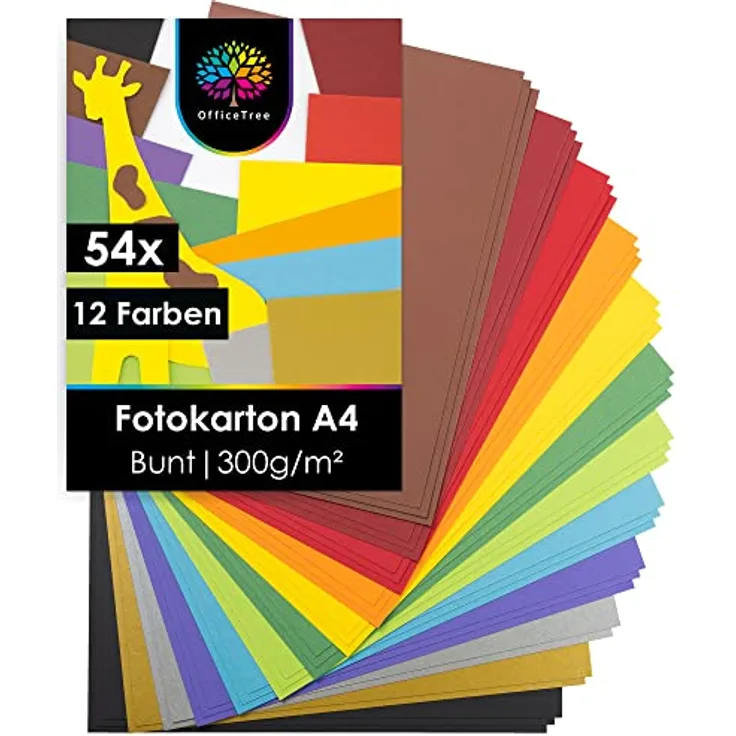 OfficeTree 54 Blatt Bastelkarton - Bastelset Kinder - Tonkarton A4 300g/m² zum Basteln Gestalten - 10 Farben - Mit Gold- und Silberbögen