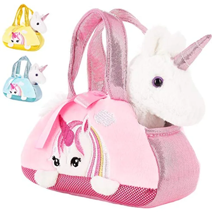 BRUBAKER Einhorn Tasche Weiß - 20 cm - Plüschtier in Handtasche - Plüsch Stofftier Kuscheltier - Rosa