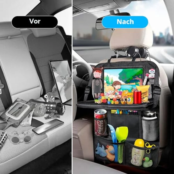 BillyBath Rückenlehnenschutz Auto Kinder, 10 Zoll Tablet-Tasche, wasserdicht, 600D Oxford Stoff, mit Klapptisch und 10 Aufbewahrungsfächern, 62 x 42 cm – Bild 2