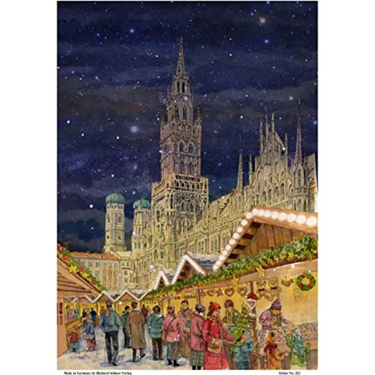 Richard Sellmer Verlag Adventskalender "München Rathaus", nostalgischer Weihnachtskalender aus Papier mit 24 Bildern und Glitzer, ca. 26,5 x 35,5 cm, Made in Germany