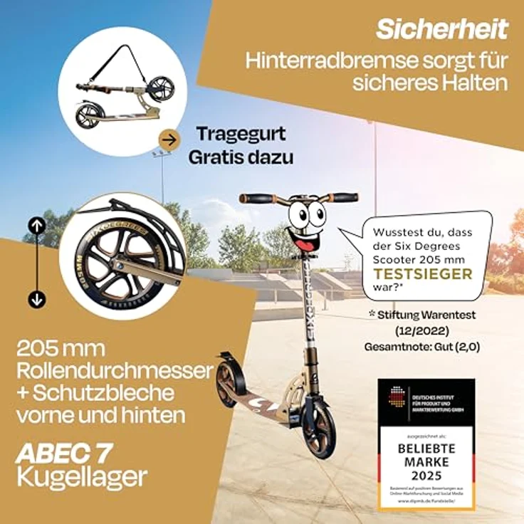 SIX DEGREES Cityroller Aluminium, Klappmechanismus, Höhenverstellbarer Lenker, 205 mm Rollen, max. Benutzergewicht 100 kg, inkl. Tragegurt – Bild 2