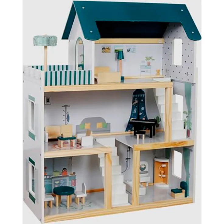 TikTakToo Großes Puppenhaus XXL Traumhaus Set aus Holz 17 TLG. für Kinder Puppenvilla 62x26,5x77, Fantasievolles Design, liebevoll ausgestattet